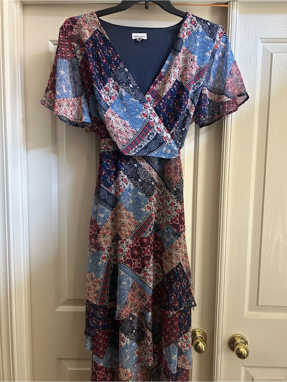 Patchwork Wrap Maxi Dress in Navy, Blue & Burgundy